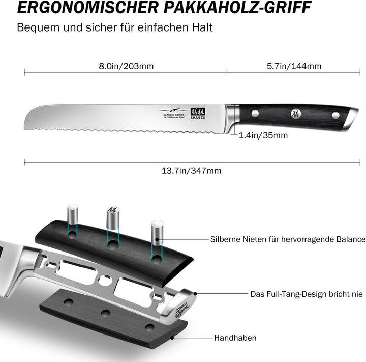 SHAN ZU Brotmesser Messer Wellenschliff Küchenmesser Edelstahl 20 cm - CLASSIC Series, Brotmesser