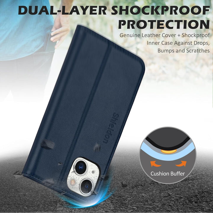 SHIELDON Hülle für iPhone 14 5G, Stossfeste Schuzhülle [Echtleder] [Kartenfach] [Verdicht TPU], Magn