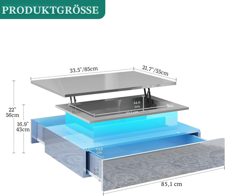 YITAHOME Couchtisch Hochglanz mit LED-Streifen, Couchtisch mit Ablagefläche für Wohnzimmer, moderner