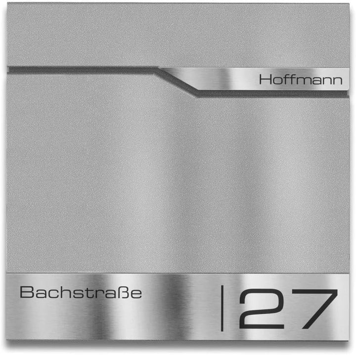 Metzler Briefkasten Graualuminium RAL9007 mit Zeitungsfach, personalisiert mit Edelstahl V2A Namenss