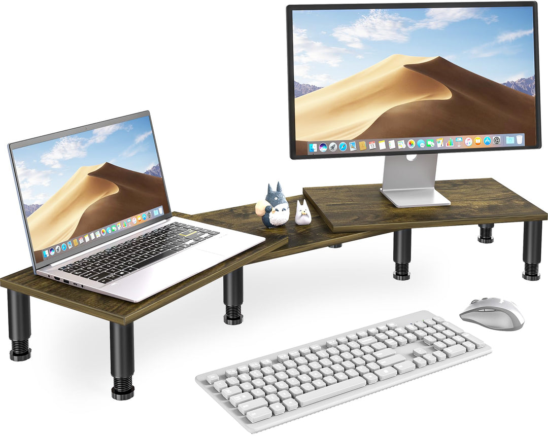 Dual Monitorständer mit einstellbarer Höhe Stahlbein, Holz Ständer für Schreibtisch mit Stauraum für