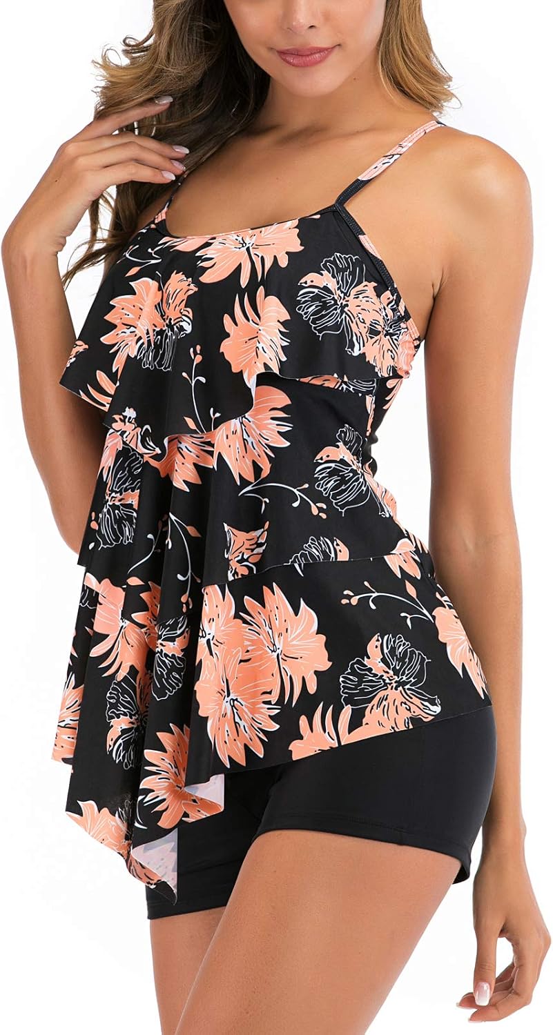 FLYILY Damen Zwei Stücke Tankini Rüschen Volant Geschichtet Bademode mit Boy Legs Shorts Rüschen Gro