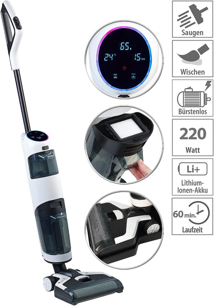 Sichler Haushaltsgeräte Staubsauger: High Power 2in1-Boden-Wischsauger mit Akku, OLED-Display, 17 kP