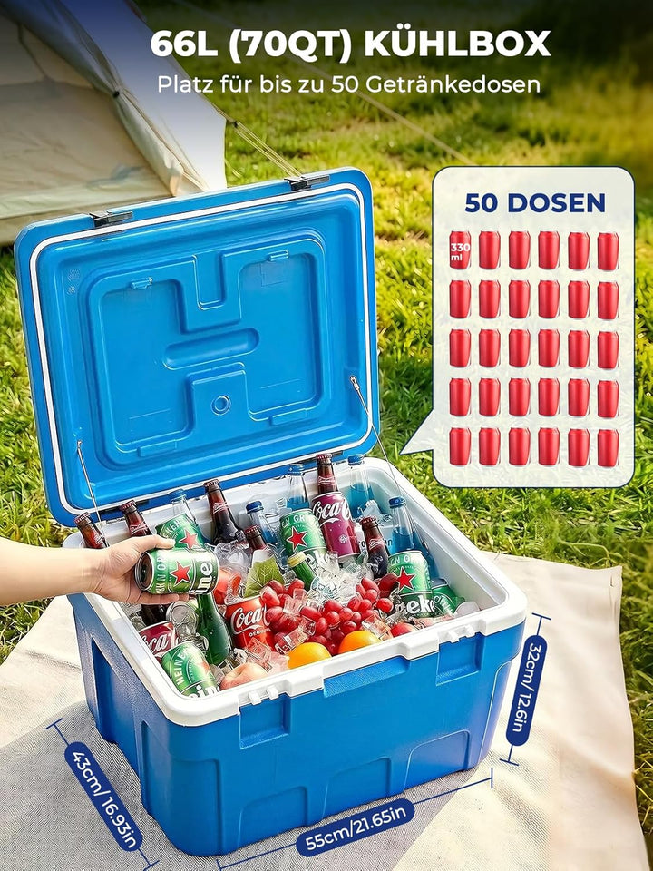Kühlbox 66 Liter ohne Strom – Tragbare Thermobox hält EIS bis zu 4 Tage kalt, Passive Kühlbox für Ca