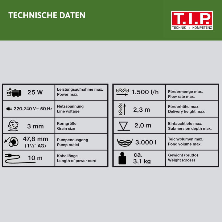 T.I.P. Multifunktions-Teichpumpe Wasserspiel Filter Bachlauf Springbrunnen WPF 1500 S (bis 1.500l/h