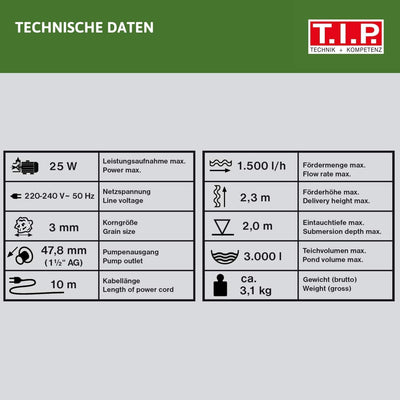 T.I.P. Multifunktions-Teichpumpe Wasserspiel Filter Bachlauf Springbrunnen WPF 1500 S (bis 1.500l/h