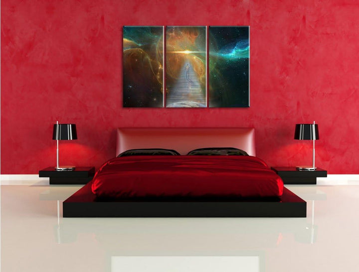 Pixxprint Kosmische Treppe in die Galaxis als Leinwandbild - Grösse: 3-Teilig (120x80cm) - Wandbild