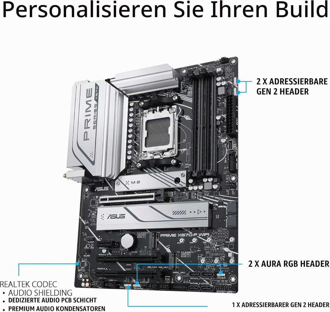 ASUS PRIME X670-P WIFI Gaming Mainboard Sockel AMD AM5 (Ryzen 7000, ATX, PCIe 5.0, 3x M.2, DDR5-Spei