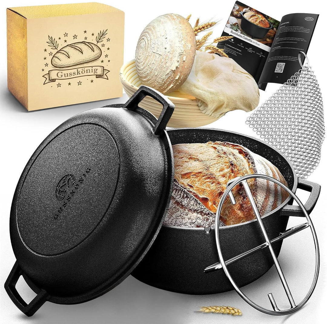 2in1 Gusseisen Brotbackform mit Gärkörbchen–Eingebrannter Gusseisen Topf Brot Backen 4,8L & Grillpfa