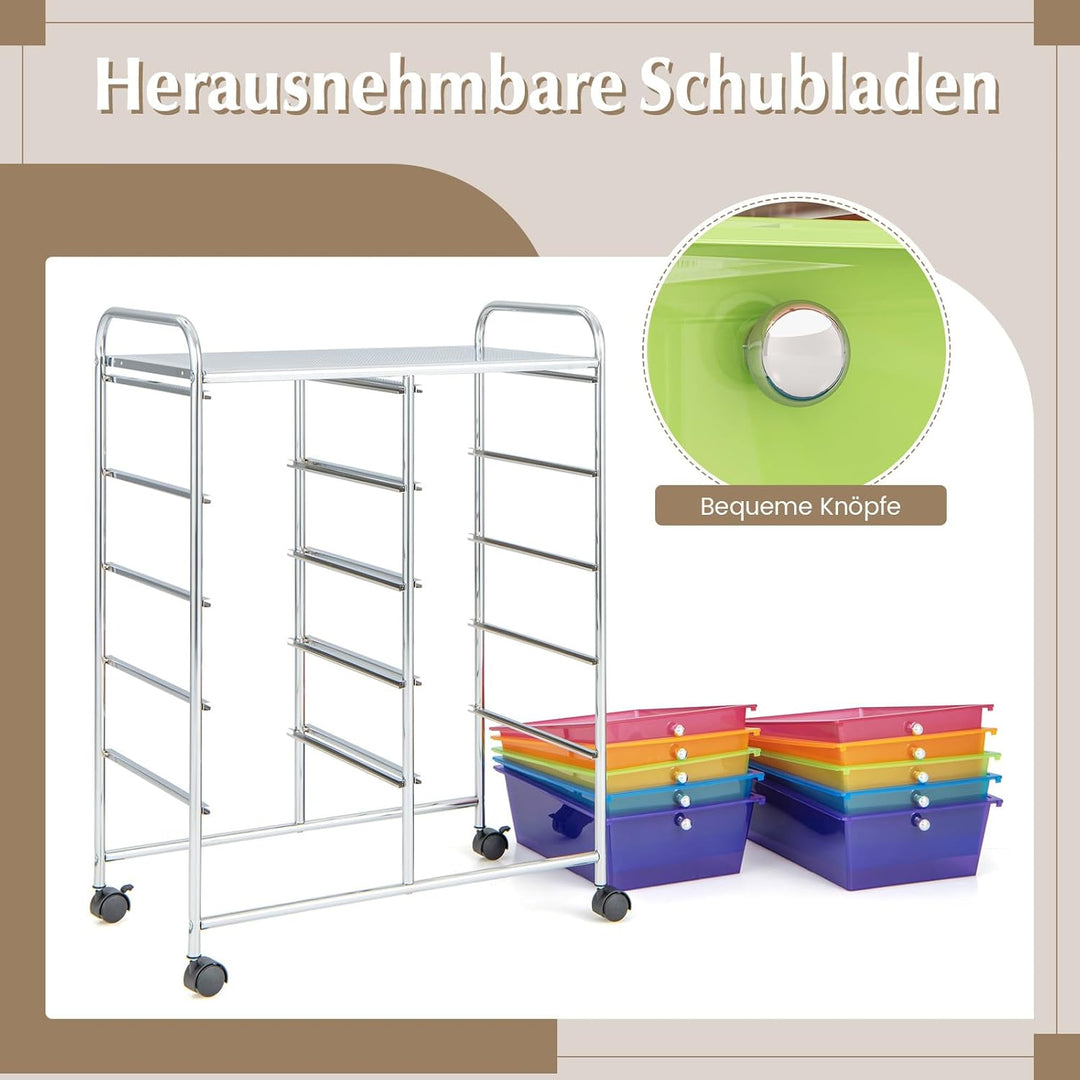 COSTWAY Rollwagen mit 10 stapelbaren Schubladen, Schubladenwagen, Rollcontainer mit Metallrahmen und