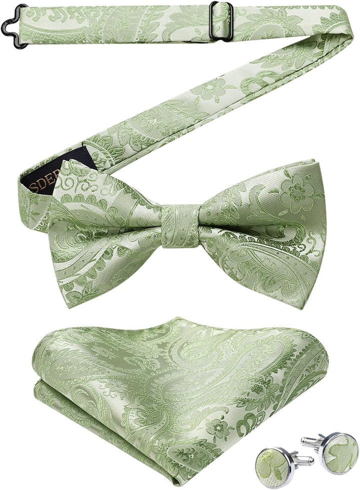 HISDERN Herren Paisley Fliege und Einstecktuch mit Manschettenknöpfe Set,Schleife mit Haken - Bereit