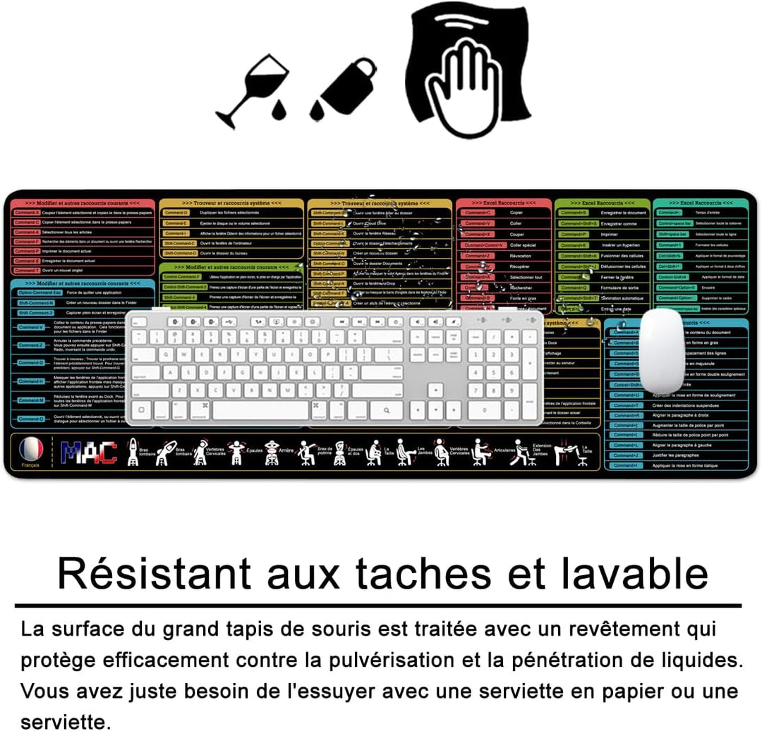 Mac Mauspad Französisch Schreibtischunterlage Shortcuts 80x30x0.3cm Gross Gaming Mousepad XL & Desk