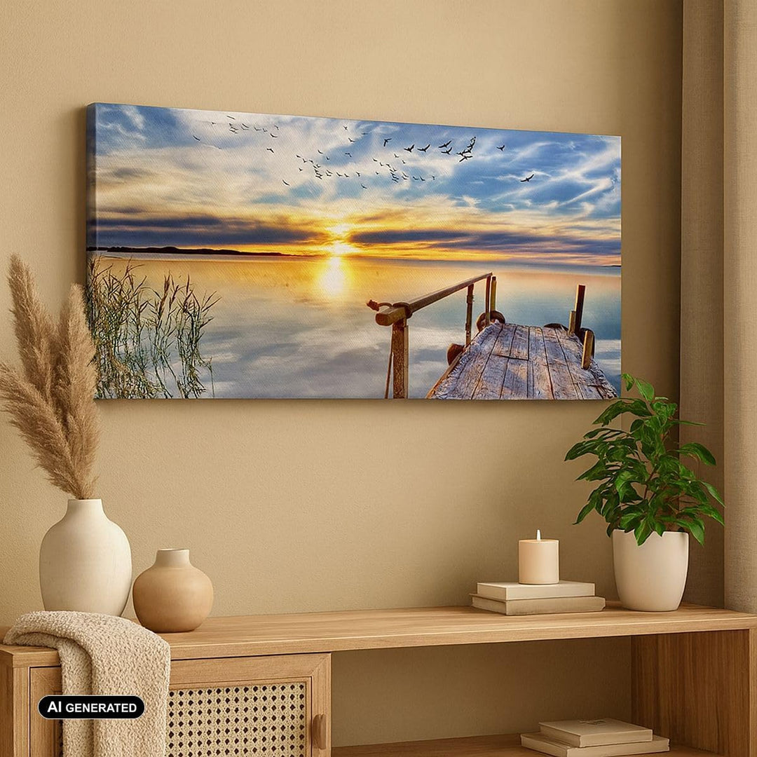 Wandbilder Dekoration Wohnzimmer See Brücke Panorama Bilder auf Leinwand 120x50cm Leinwandbild mit R