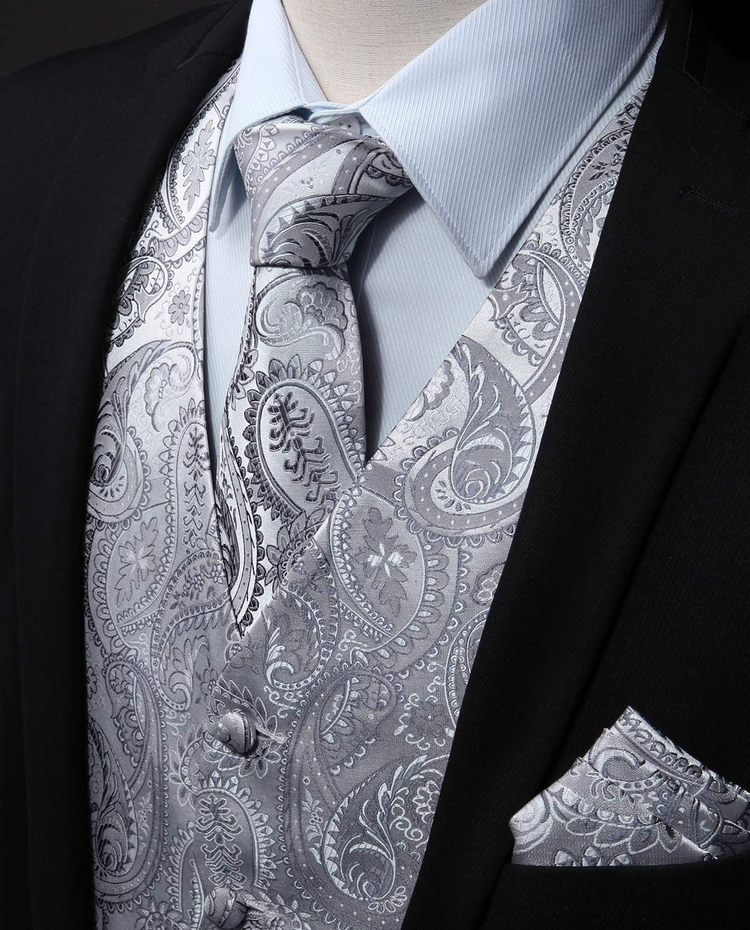 HISDERN Herren FLoral Hochzeit Weste Krawatte Einstecktuch Taschentuch Jacquard Weste Anzug Set XS G