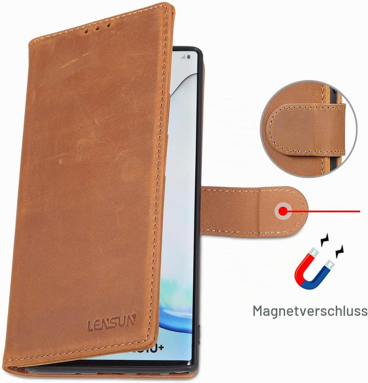 LENSUN Echtleder Hülle für Samsung Galaxy Note 10 Plus, Handyhülle [Echtes Leder] [Magnetverschluss]