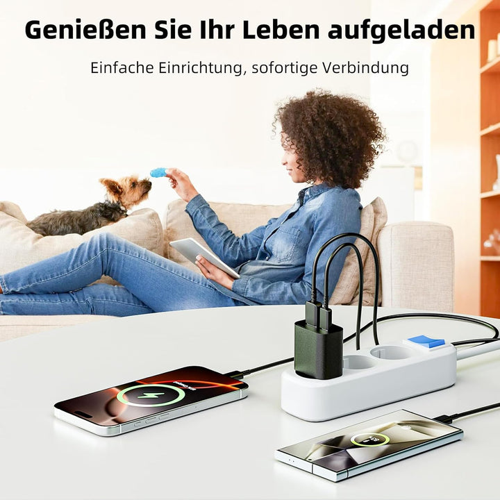 2er-Pack 25W USB C Ladegerät Super Fast Charger mit 2M Typ C Ladekabel, 2-Port USB-A&amp;USB-C Handy Net