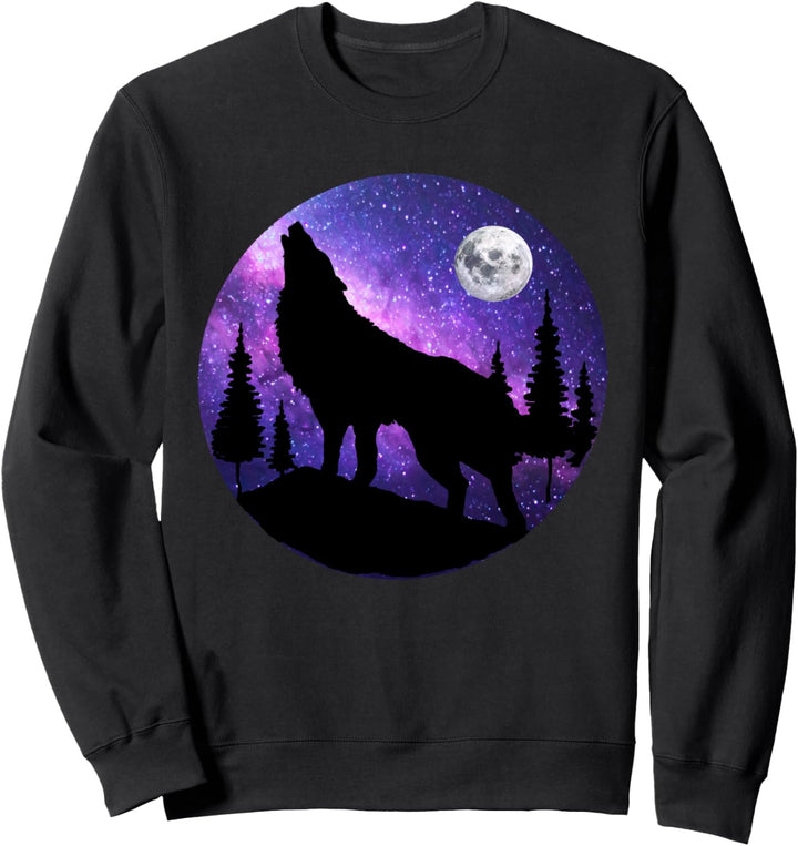 Howling Wolf Under The Full Moon With Purple Galaxy Sky Sweatshirt
