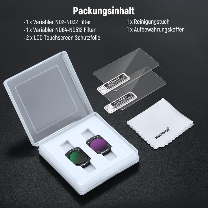 Neewer Variables ND2-ND32 & ND64-ND512 Kit kompatibel mit DJI Osmo Pocket 3 Creator Combo Zubehör, L