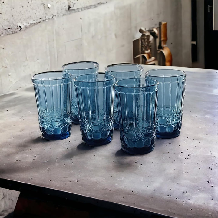 Vintage 6er-Set Farbige Weingläser und Trinkgläser mit Prägung Relief (Schleife, Blau, 400 ml) Weing