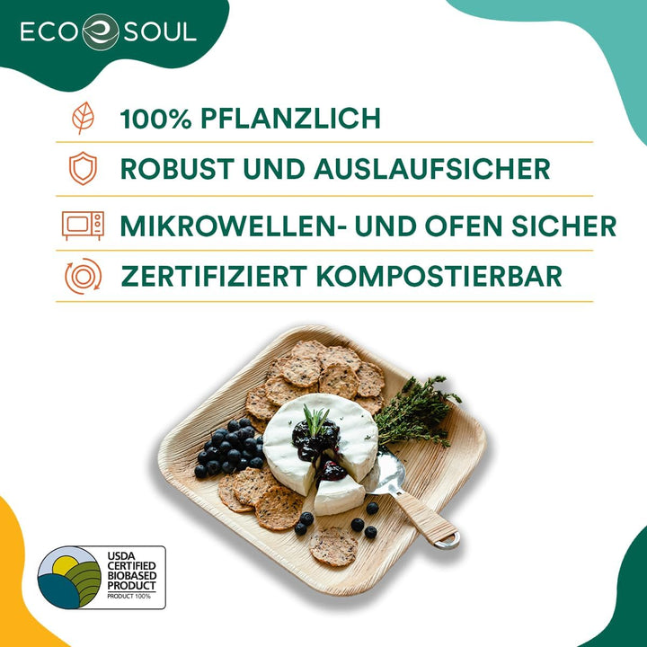 ECO SOUL 100% kompostierbare 25 cm, quadratische Palmblatt Teller [25 Stück] |Premium Palmblatt Gesc