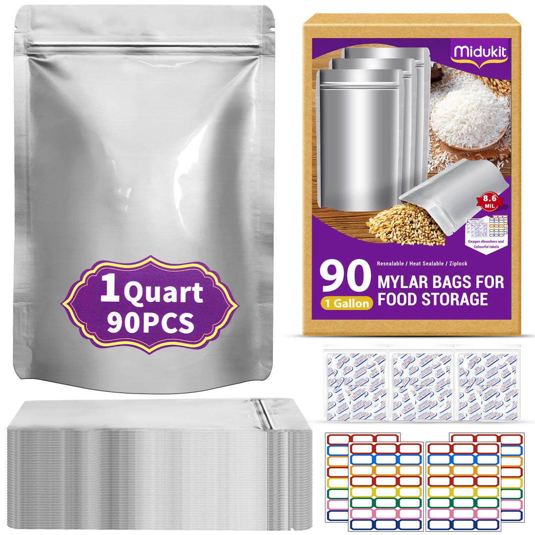 90PCS Mylar Bags Mit Sauerstoff Absorber Für Die Lagerung Von Lebensmitteln 1 Quart 15 x 22 cm 8.6Mi