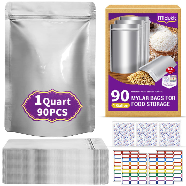 90PCS Mylar Bags Mit Sauerstoff Absorber Für Die Lagerung Von Lebensmitteln 1 Quart 15 x 22 cm 8.6Mi
