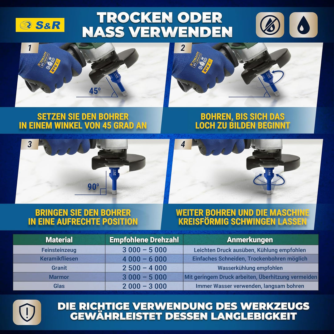 S&R Professional 2-tlg Diamantbohrer M14, Diamant Fliesenbohrer Set 10mm für Winkelschleifer, für Ha