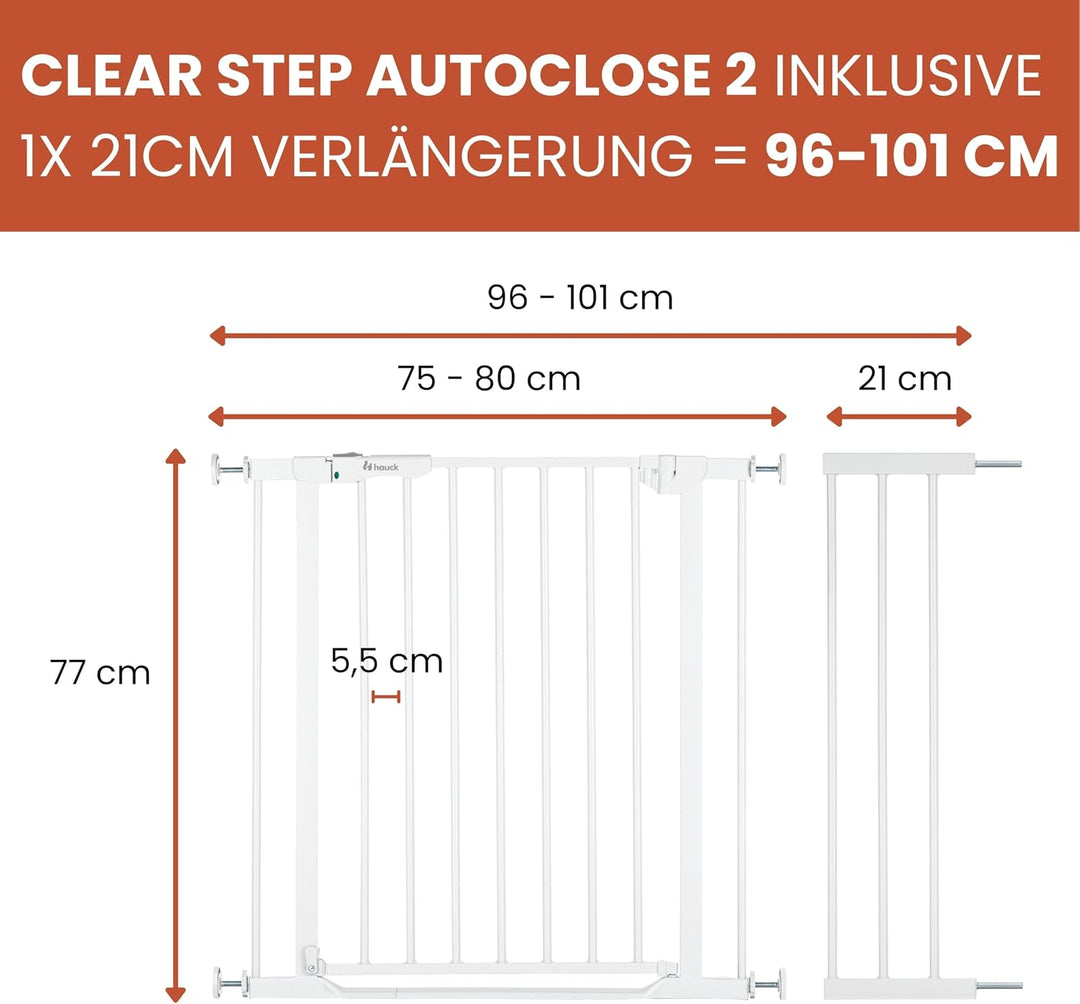 Hauck Clear Step Autoclose 2 + 21cm Verlängerung, Weiss - Kinderschutzgitter Hundegitter Verstellbar