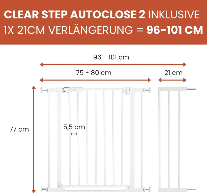 Hauck Clear Step Autoclose 2 + 21cm Verlängerung, Weiss - Kinderschutzgitter Hundegitter Verstellbar