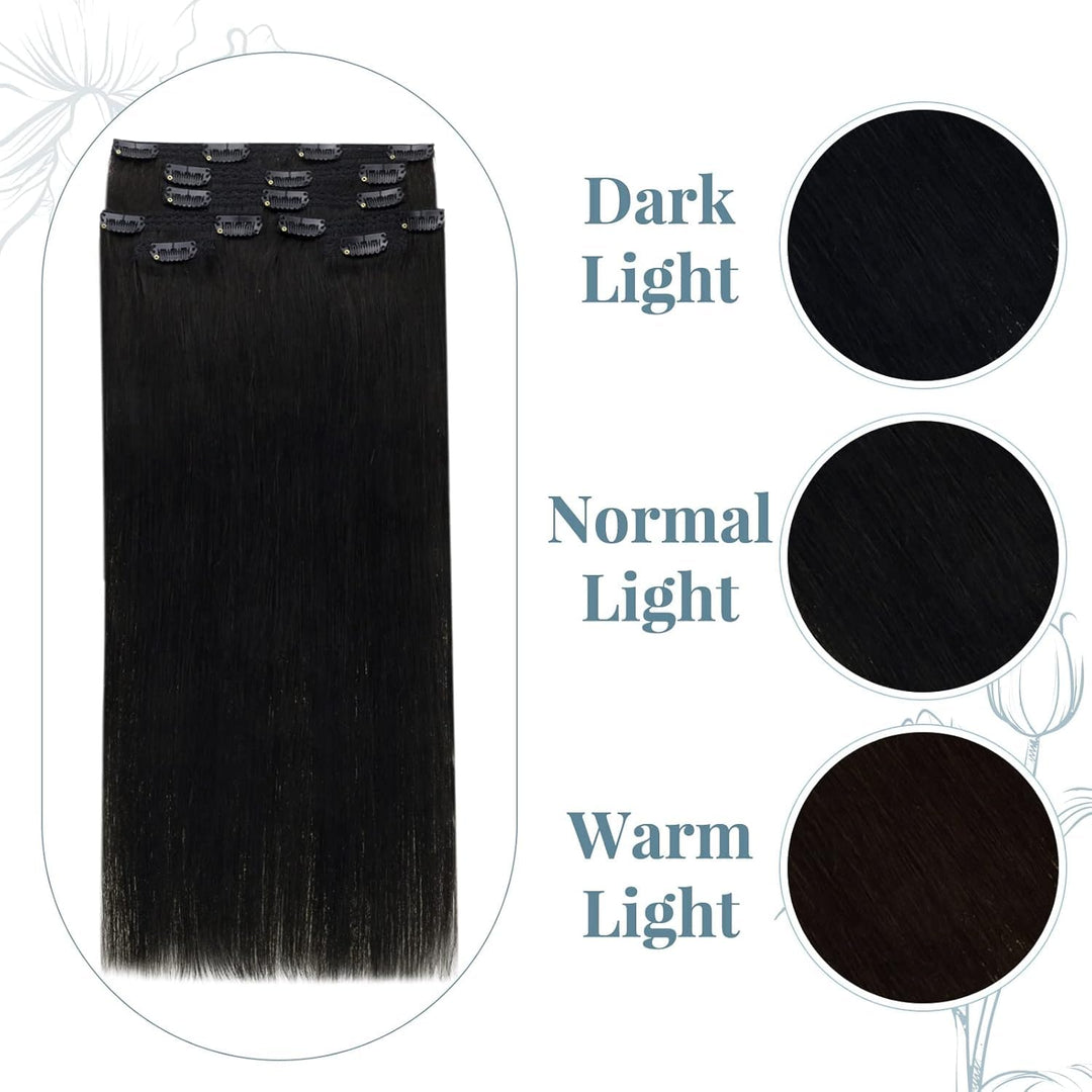 RUNATURE Clip Echthaar Extensions Aus Schwarz Remy Clip in Kurz Haarverlangerung Glatt Haar Clip in