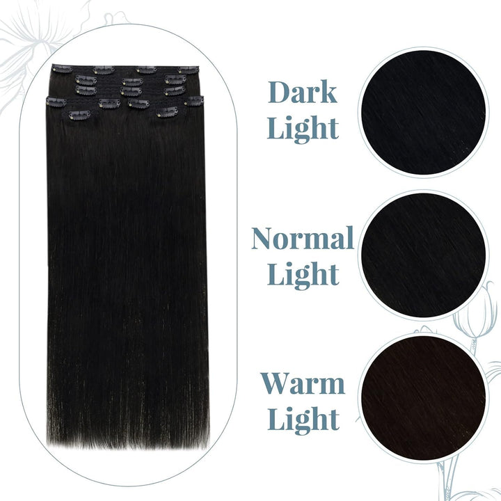 RUNATURE Echthaar Extensions Clip in Aus Schwarz 35cm Haarverlangerung Echthaar Clip in Glatt Haar E