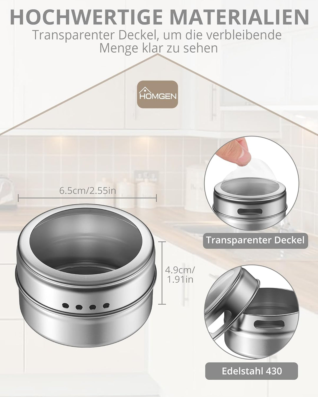 HOMGEN Gewürzdosen Magnetisch 12 Stück Edelstahl Gewürzgläser Set Magnet 100ml Gewürze Spice Jars Ma
