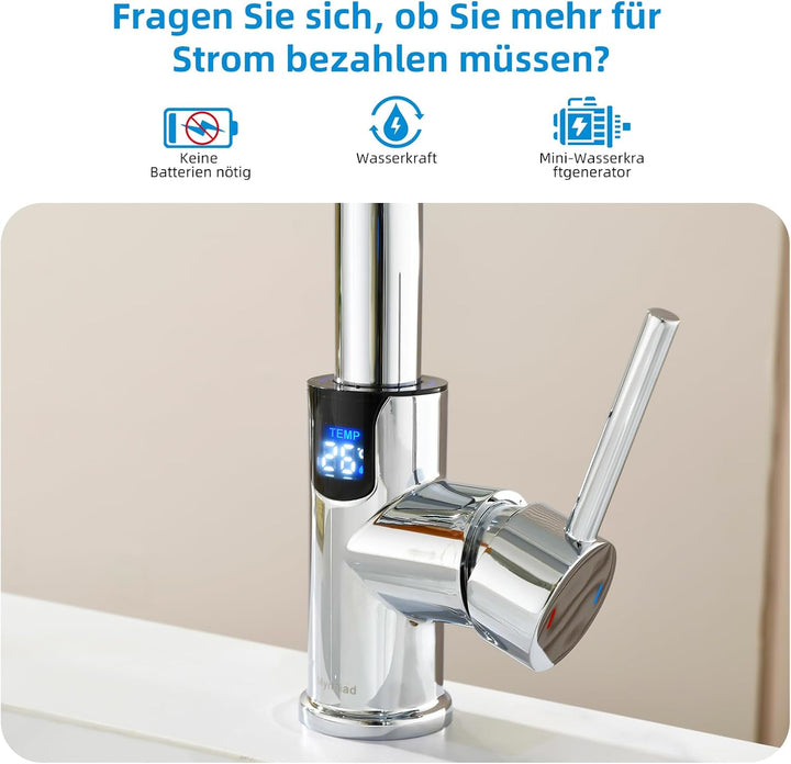 Wasserhahn Bad Mynaiad mit LED-Temperaturanzeige Badarmatur, Brause Ausziehbar, Badarmatur 360° Schw