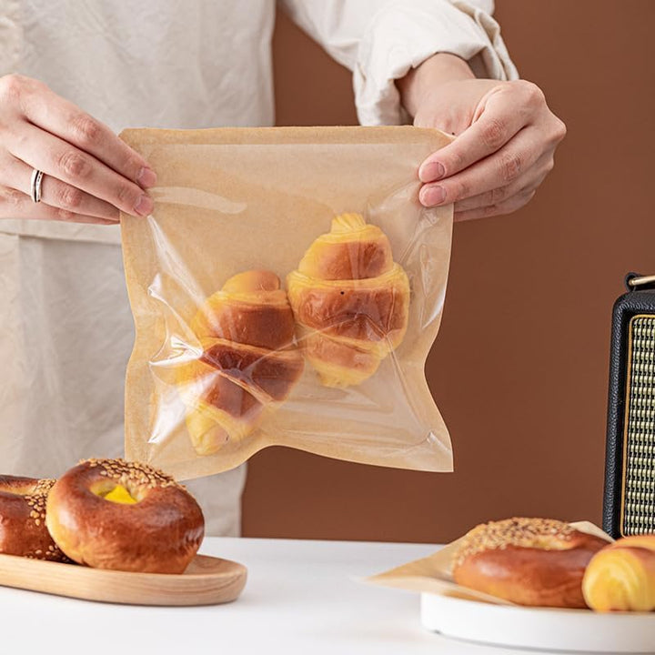 100 Stück Lebensmitteltüten with Window, 18 x 19 cm Sandwich Bags, Kraft Paper Small Bread Bags,Fett