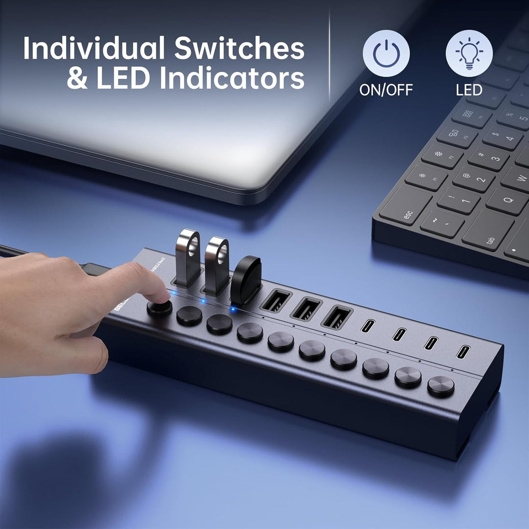 USB Hub mit Netzteil, 10-Port USB 3.2 Gen 2 10Gbit/s Aktiv Hub, Vollaluminium mit 60W (12V 5A) Power