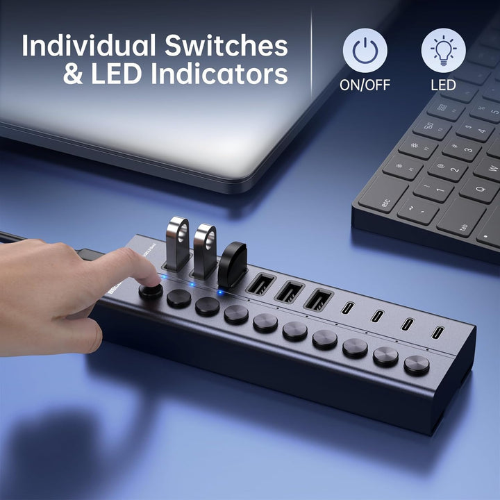 USB Hub mit Netzteil, 10-Port USB 3.2 Gen 2 10Gbit/s Aktiv Hub, Vollaluminium mit 60W (12V 5A) Power