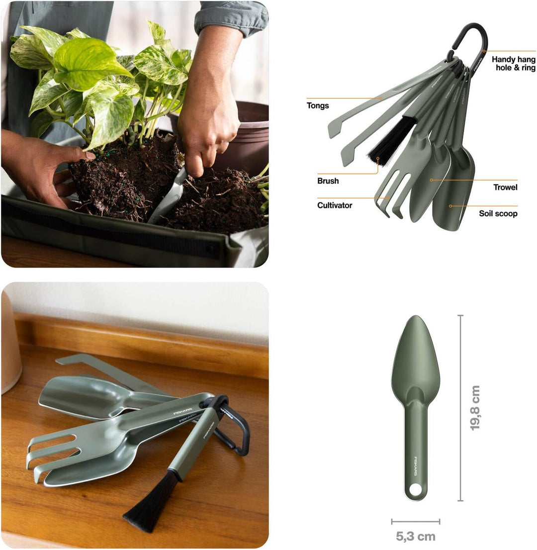 Fiskars Urban Plant Care Pflanzwerkzeuge Set, 5-TLG, All-in-One-Kit für Zimmerpflanzen, Platzsparend