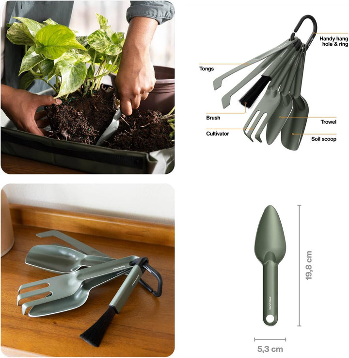 Fiskars Urban Plant Care Pflanzwerkzeuge Set, 5-TLG, All-in-One-Kit für Zimmerpflanzen, Platzsparend