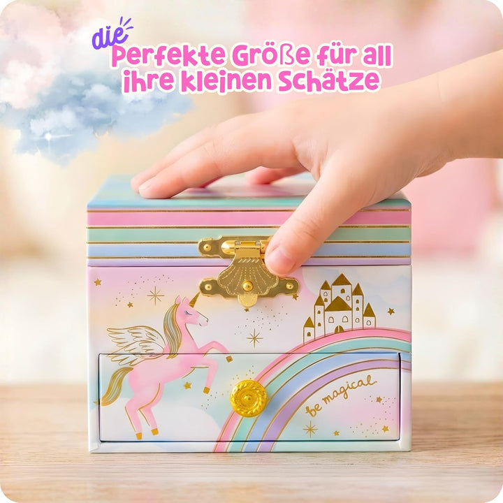 Musikalisches Einhorn-Schmuckkästchen für Mädchen – Kinder tanzende Einhorn-Spieluhr mit Spiegel, Ei