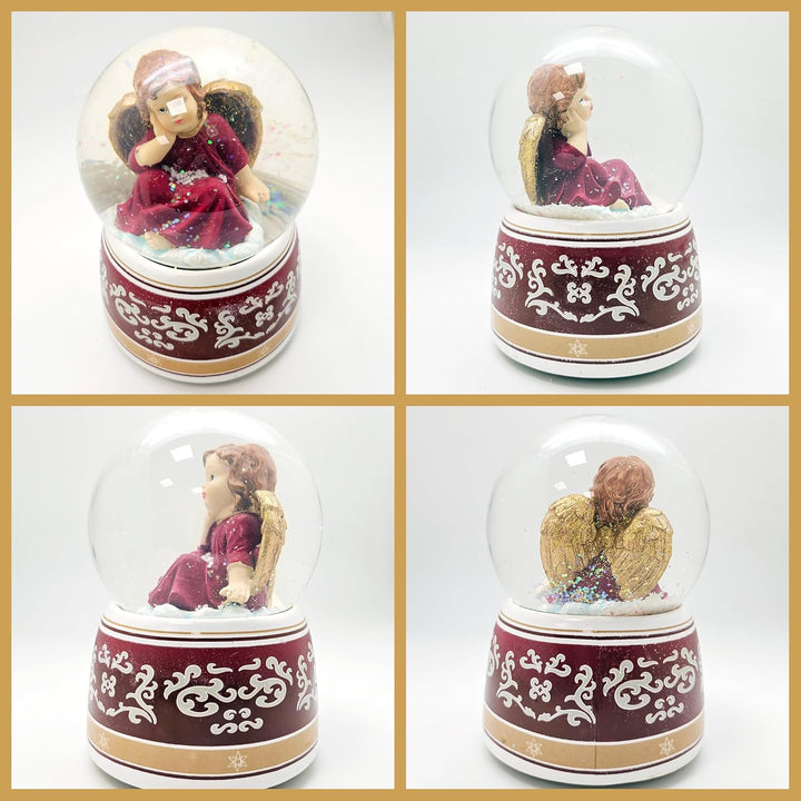 Schneekugel Weihnachten mit Musik | Engel rot verträumt Gold | Sockel rot Gold Ornamente | H: 14cm B