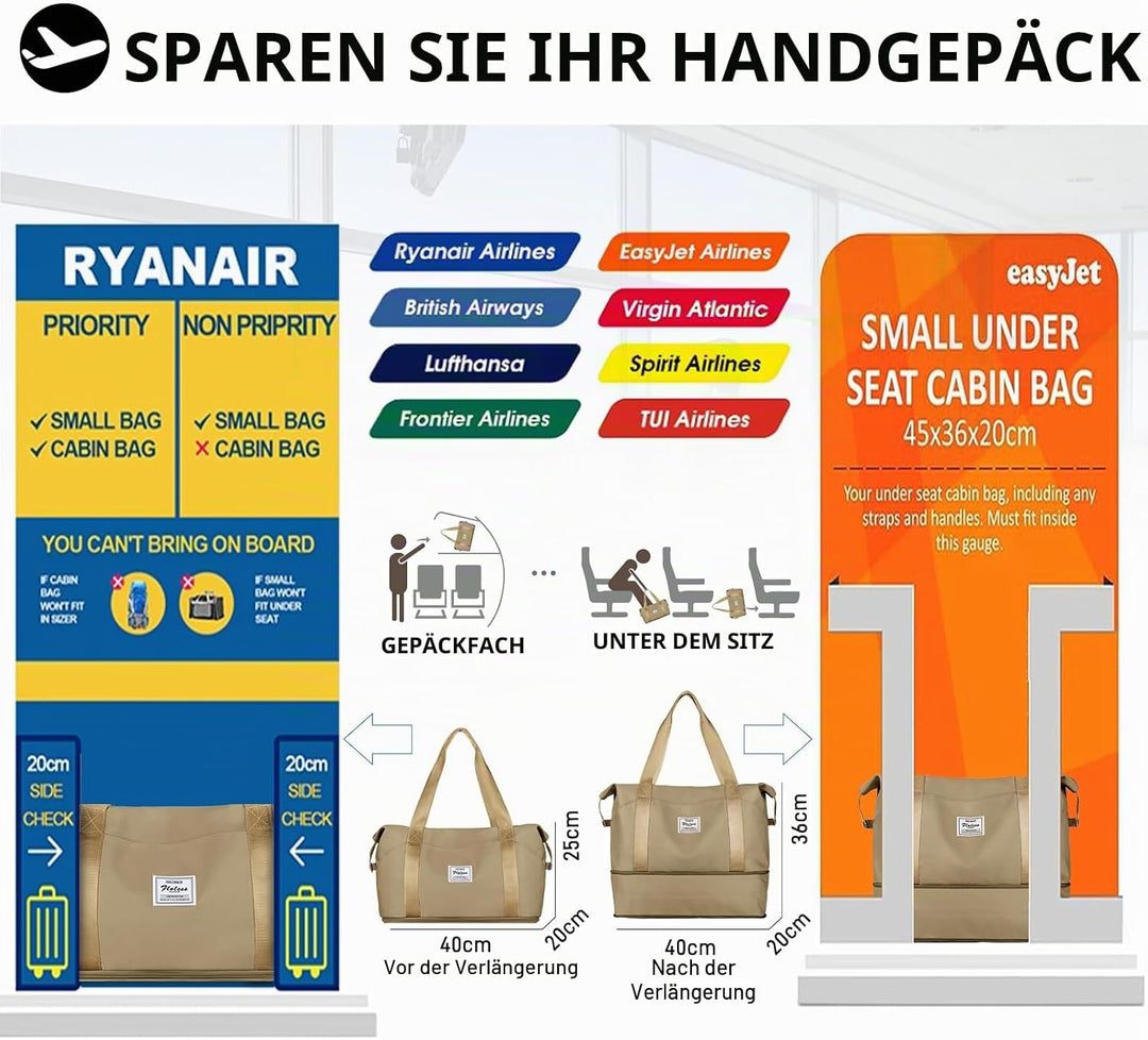 Reisetasche Damen Sporttasche 40x20x25 Ryanair Handgepäck Tasche Weekender Bag Schwimmtasche Wasserd