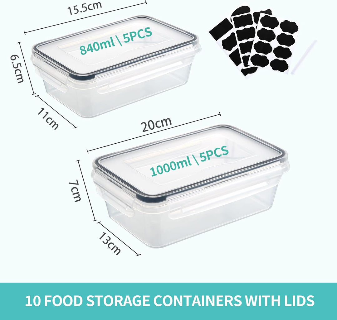 10 Frischhaltedosen mit Deckel (5x1L + 5x840ml), Gefrierdosen & Meal Prep Boxen, BPA-frei, luftdicht