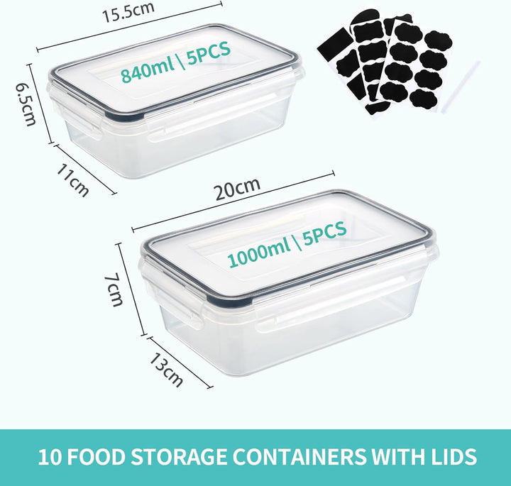 10 Frischhaltedosen mit Deckel (5x1L + 5x840ml), Gefrierdosen & Meal Prep Boxen, BPA-frei, luftdicht