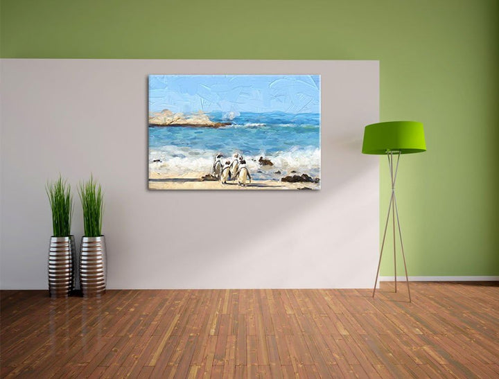 Pinguine am Strand als Leinwandbild/Grösse: 100x70 cm/Wandbild/Kunstdruck/fertig bespannt, 100x70