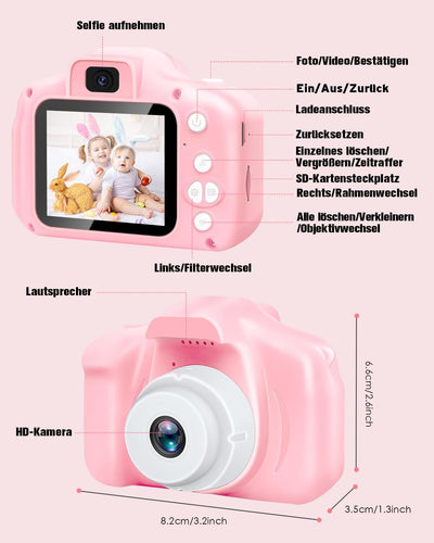 Kinderkamera für Mädchen, 3-12 Jahre, 2.0”Display Digitalkamera, Doppelobjektiv, 32GB SD-Karte, Sili