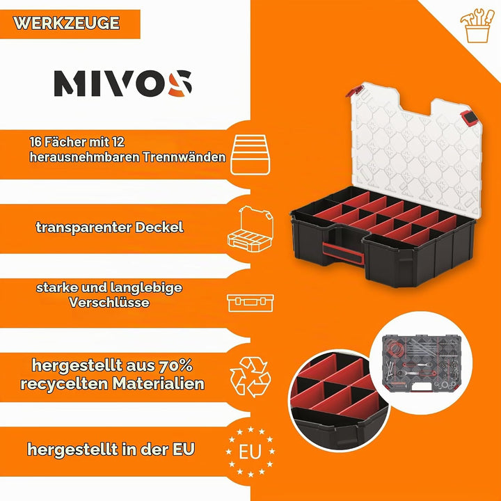 Mivos Sortimentskasten 390 x 284 x 105 mm - Sortierkasten mit 16 Verstellbare Fächer - Schraubenbox