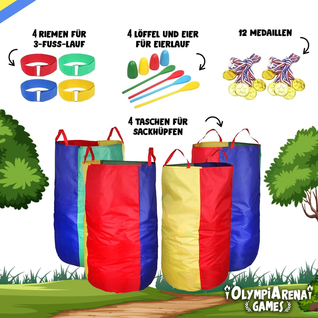 OlympiArena® Kirmes Spiele Kinder | Sackhüpfen, Eierlaufen, 3-Bein-Rennen | 12 Medaillen inklusive |