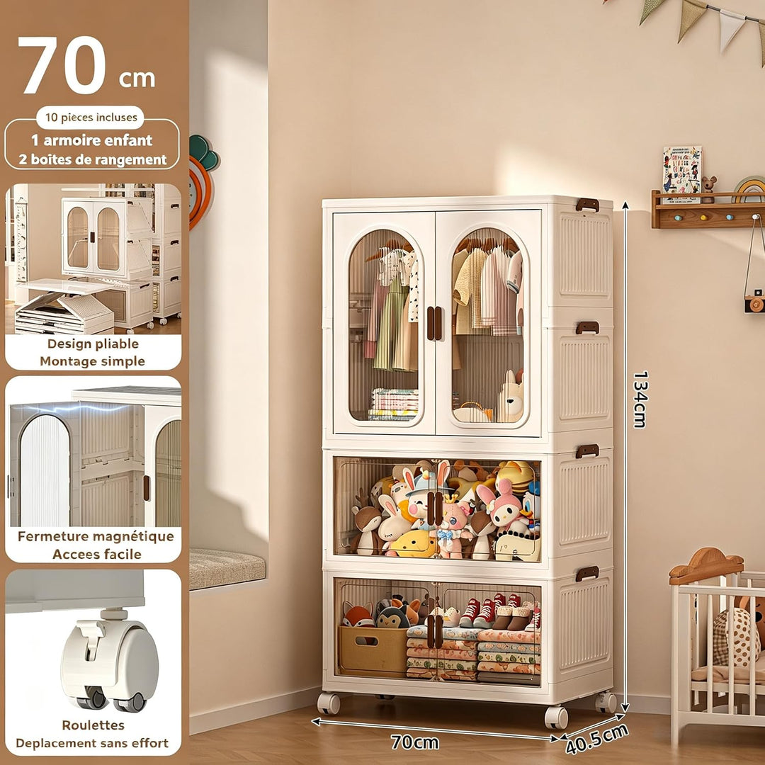 Faltbarer Kleiderschrank mit Rollen, 365L, 3 Ebenen Kunststoffschrank, Transparente Türen, Staubdich