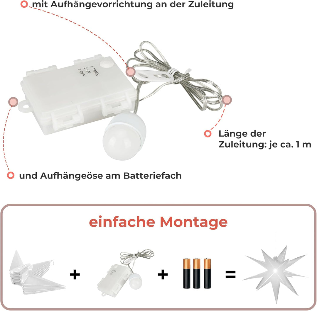 Leuchtstern 3D mit LED Beleuchtung | 3er Set | weiss | Ø 27 cm| 3D Stern mit 15 Spitzen | wetterfest