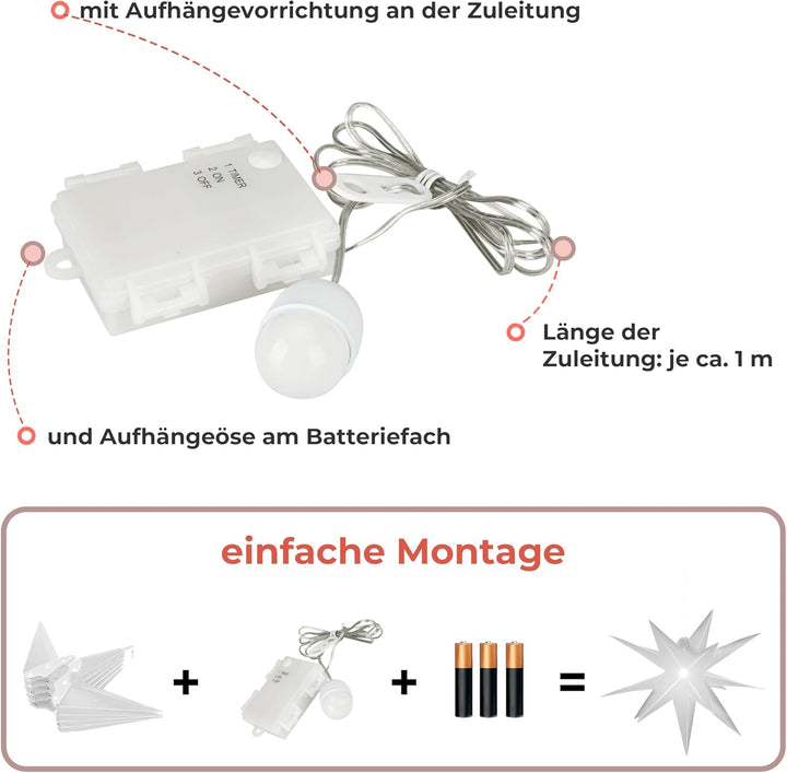 Leuchtstern 3D mit LED Beleuchtung | 3er Set | weiss | Ø 27 cm| 3D Stern mit 15 Spitzen | wetterfest